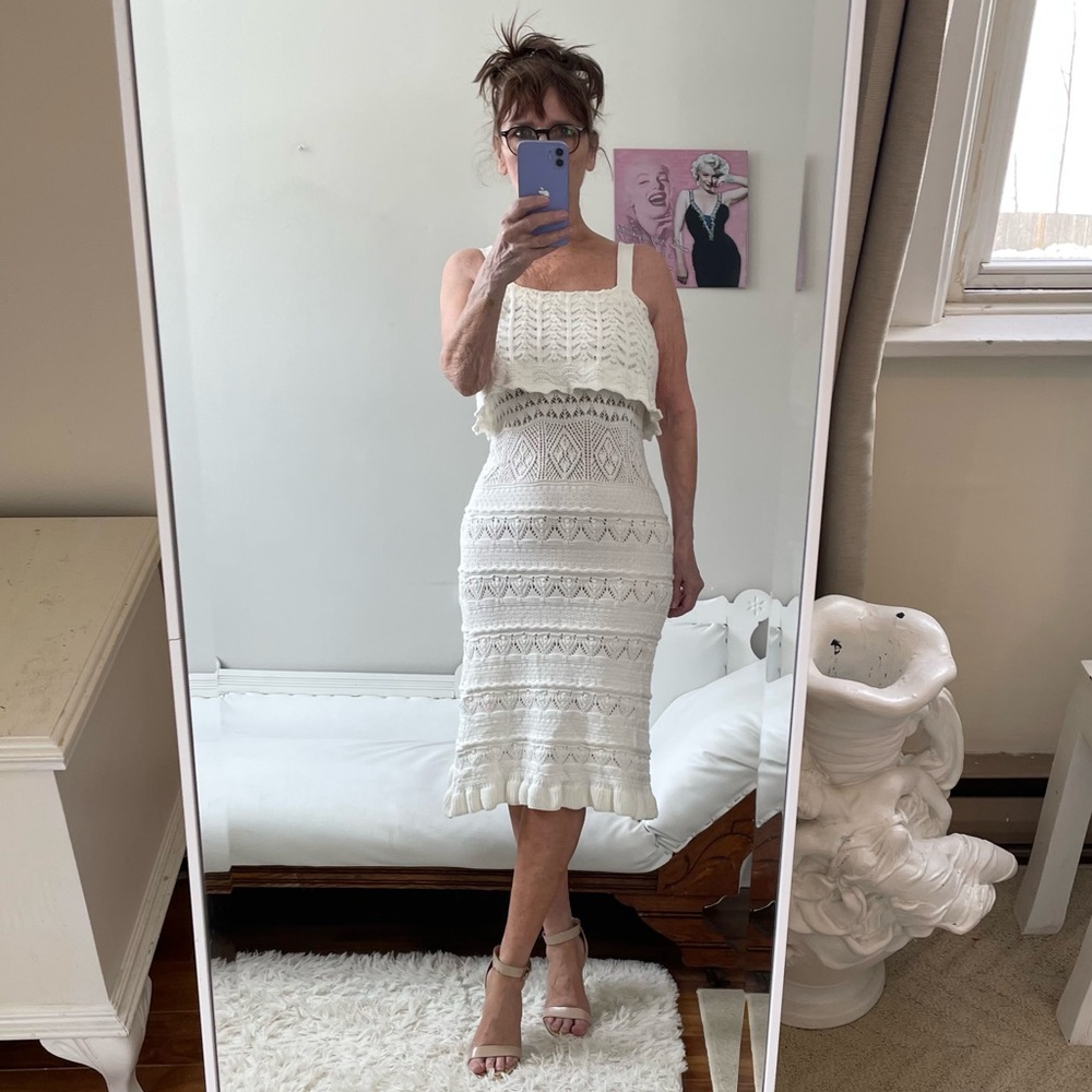 WHITE COTTON CROCHET KNIT DRESS STRAPS SHEER STRETCH FORM FIT JEALOUS TOMATO